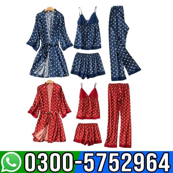 Women 4 Pieces Dot Print Sleepwear Night Gown Pajamas In Pakistan
